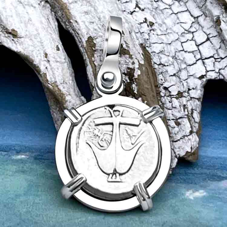 Ancient Greek Anchor and Gorgon Silver Drachm 400 BC Sterling 14K White Gold Pendant