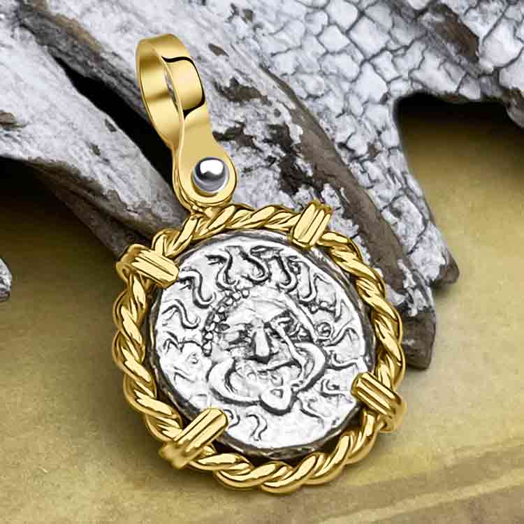 Ancient Greek Gorgon & Anchor Symbol of Protection Silver Drachm 400 BC 14K Gold Pendant