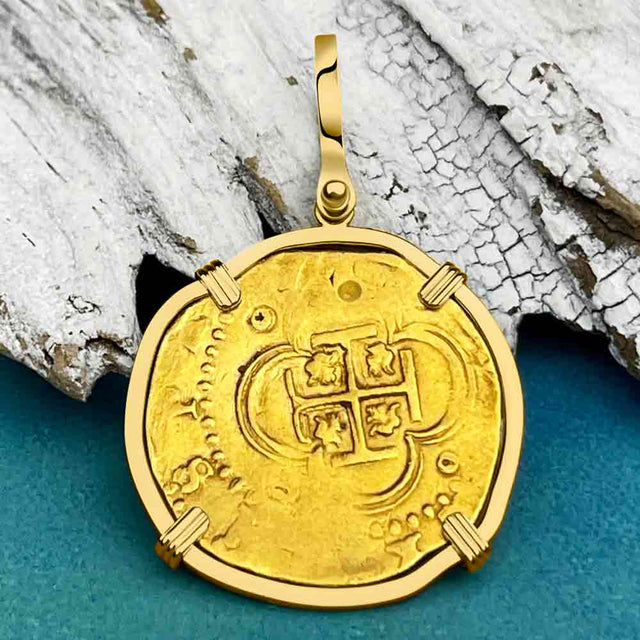 RARE DATED Pirate Era 22K Gold Four Escudo - the Legendary Doubloon - 18K Gold Pendant