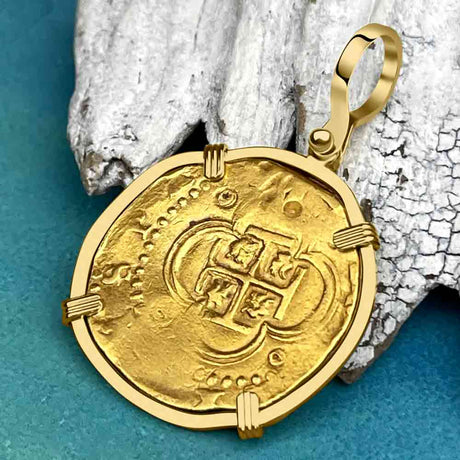RARE DATED Pirate Era 22K Gold Four Escudo - the Legendary Doubloon - 18K Gold Pendant