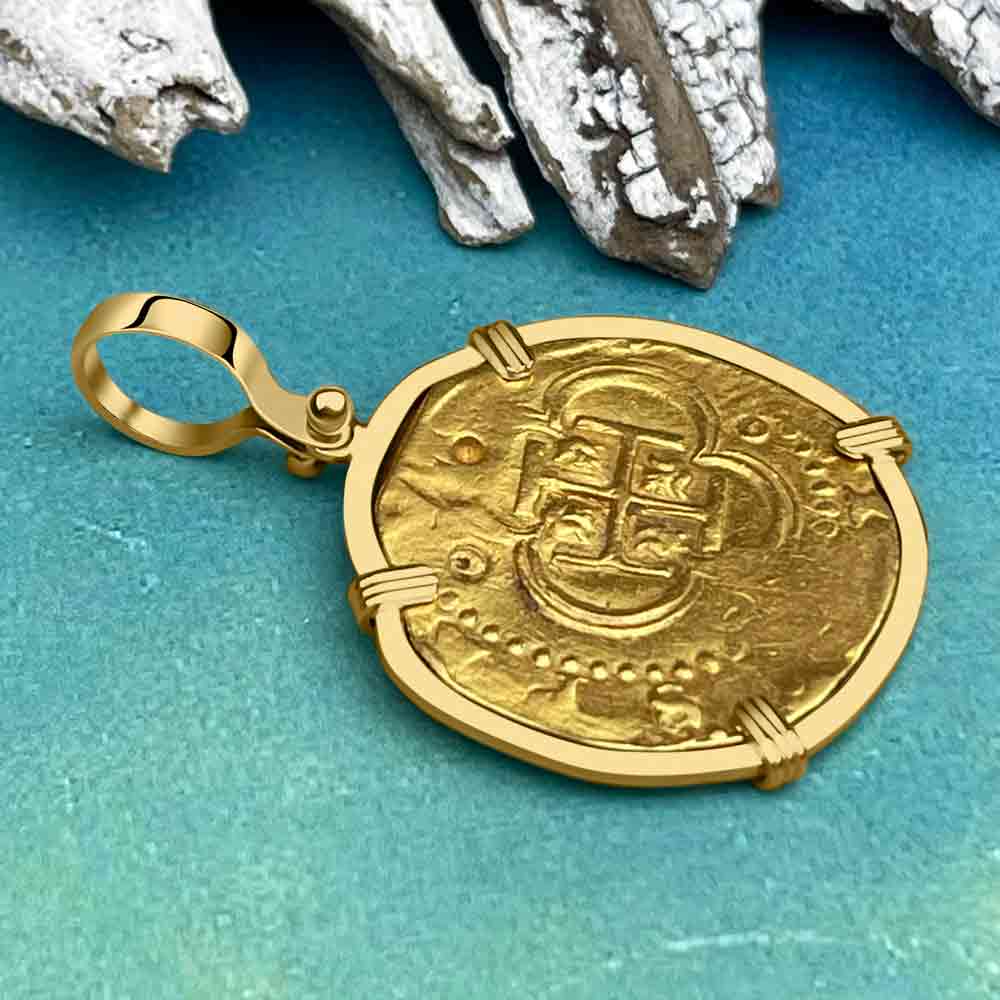 RARE DATED Pirate Era 22K Gold Four Escudo - the Legendary Doubloon - 18K Gold Pendant