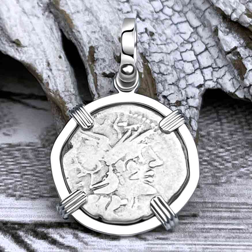 Roman Republic Roma &amp; Diana Silver Denarius 130 BC Sterling Silver Pendant