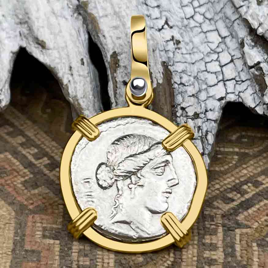 Roman Republic Silver Denarius 48 BC Pietas &amp; Caduceus 14K Gold Pendant