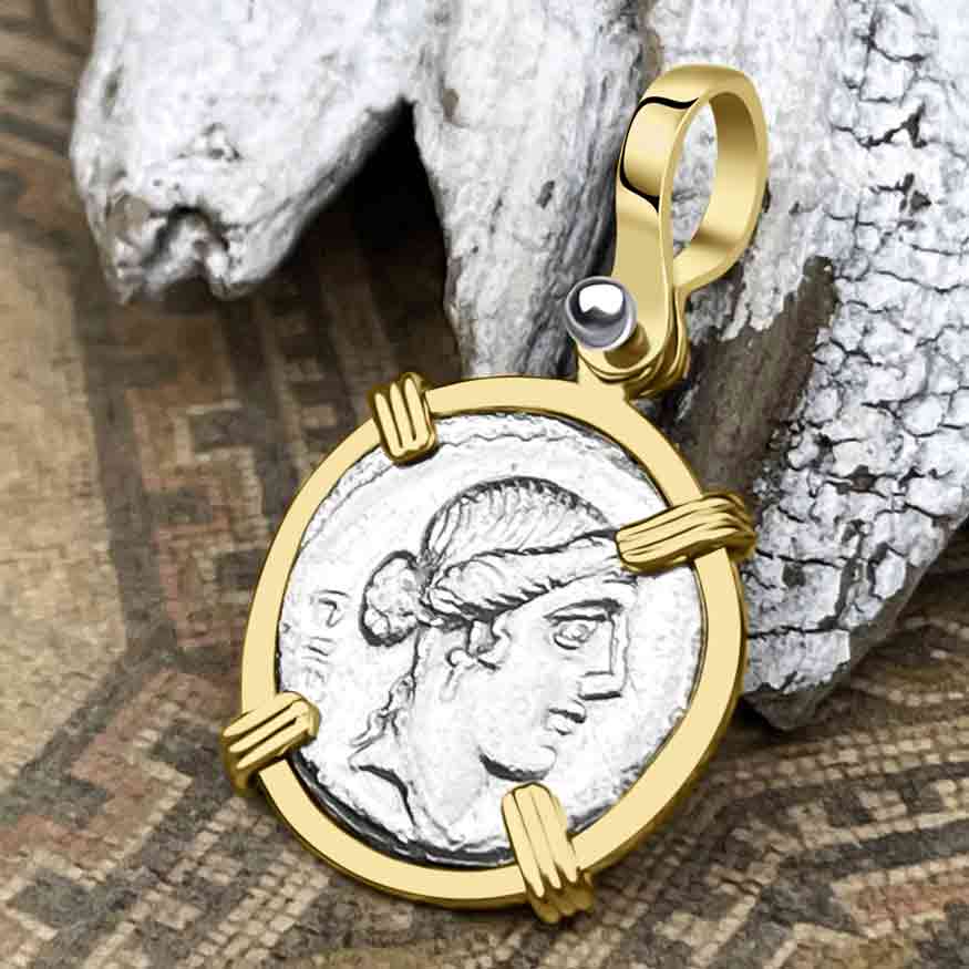 Roman Republic Silver Denarius 48 BC Pietas &amp; Caduceus 14K Gold Pendant