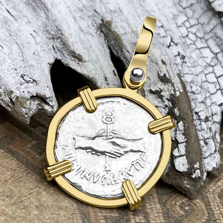 Roman Republic Silver Denarius 48 BC Pietas & Caduceus 14K Gold Pendant