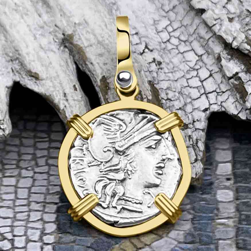 Roman Republic Silver Denarius 136 BC Roma &amp; the Gemini Twins 14K Gold Pendant