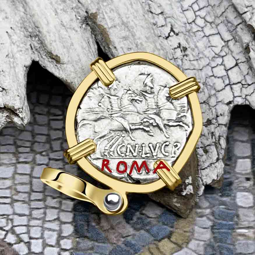 Roman Republic Silver Denarius 136 BC Roma & the Gemini Twins 14K Gold Pendant