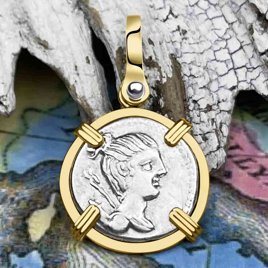 Roman Republic Silver Denarius 74 BC Diana &amp; the Hound 14K Gold Pendant