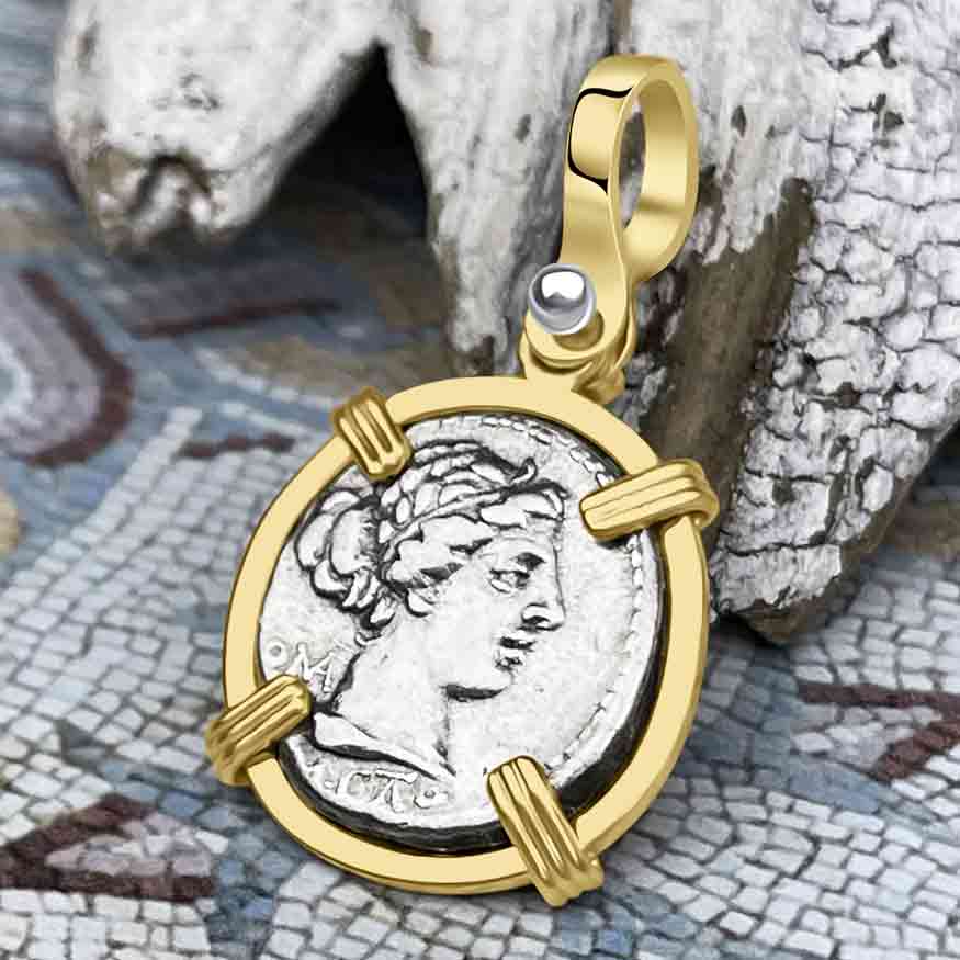 Roman Republic Silver Denarius 89 BC Roma & Victory 14K Gold Pendant 