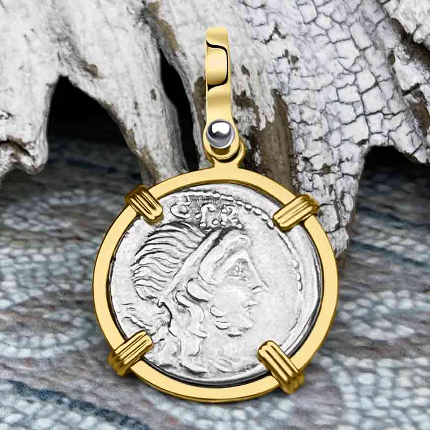 Roman Republic Silver Denarius 75 BC Genius 14K Gold Pendant | Artifact #6373