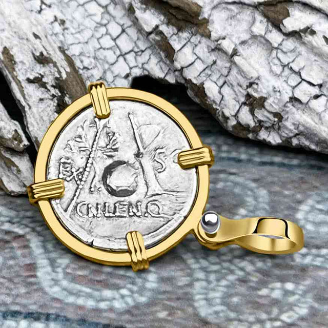 Roman Republic Silver Denarius 75 BC Genius 14K Gold Pendant