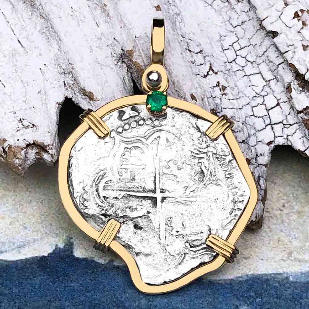 Heart Shaped Mel Fisher&#39;s Atocha Rare 2 Reale Shipwreck Coin 14K Gold Pendant with Emerald | Artifact #6392