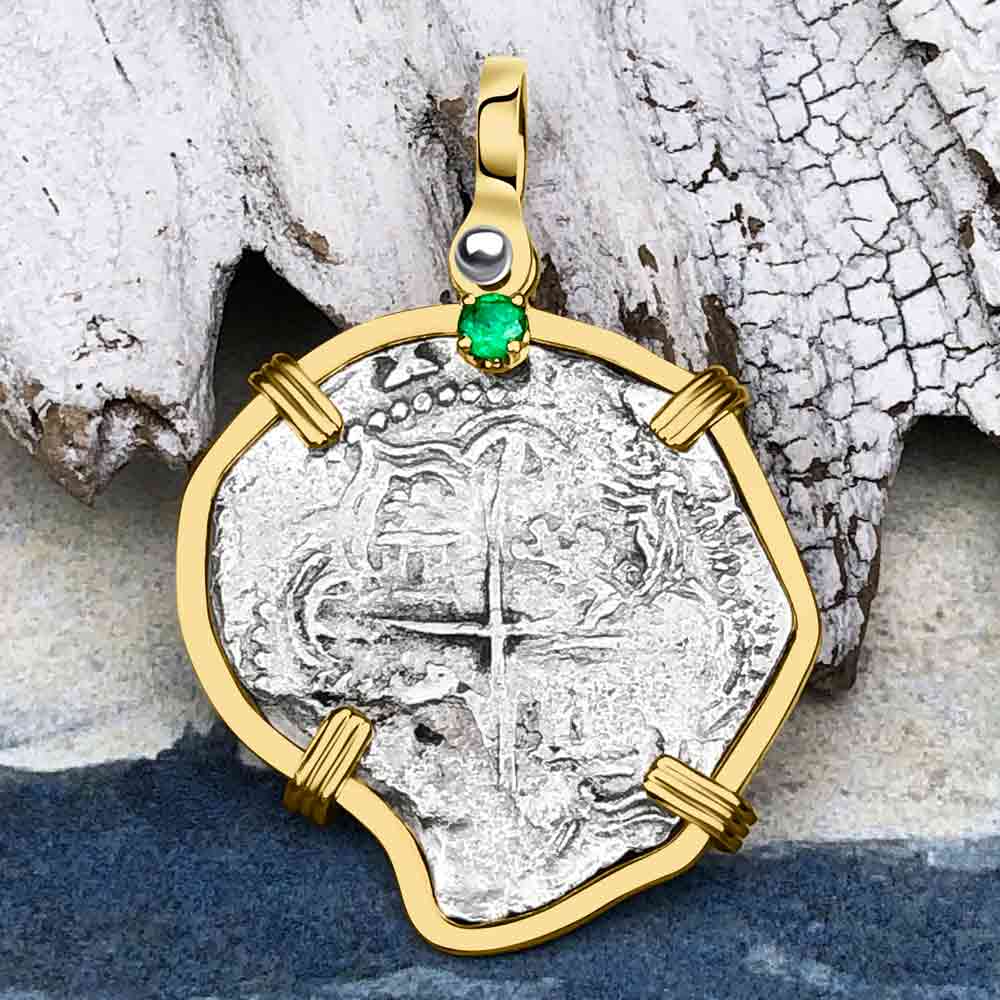 Heart Shaped Mel Fisher's Atocha Rare 2 Reale Shipwreck Coin 14K Gold Pendant with Emerald