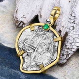 Heart Shaped Mel Fisher's Atocha Rare 2 Reale Shipwreck Coin 14K Gold Pendant with Emerald