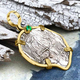 Heart Shaped Mel Fisher's Atocha Rare 2 Reale Shipwreck Coin 14K Gold Pendant with Emerald