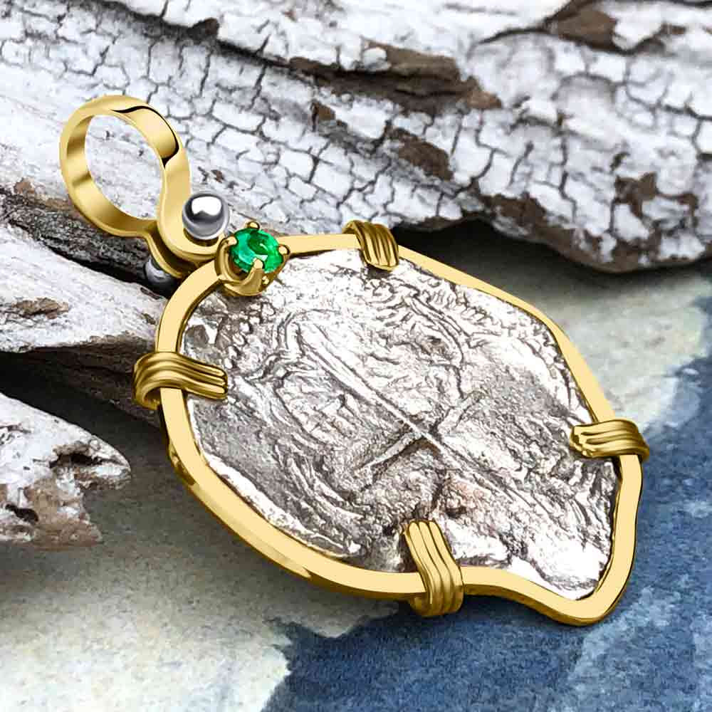 Heart Shaped Mel Fisher&#39;s Atocha Rare 2 Reale Shipwreck Coin 14K Gold Pendant with Emerald