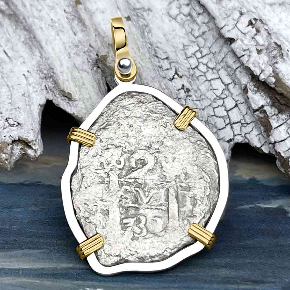 Princess Louisa Shipwreck Dated 1733 Two Reale Piece of Eight 14K Gold and Sterling Silver Pendant
