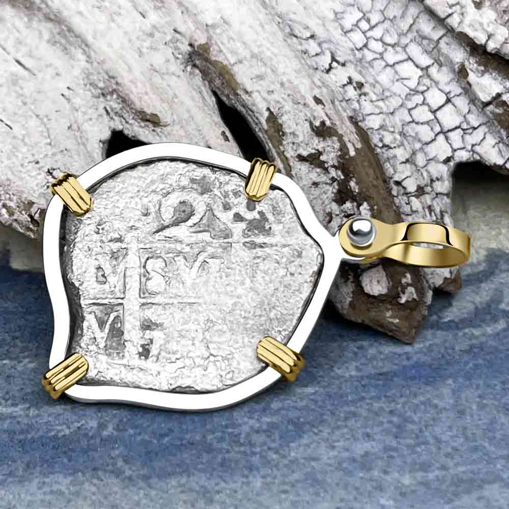 Princess Louisa Shipwreck Dated 1739 Two Reale Piece of Eight 14K Gold and Sterling Silver Pendant