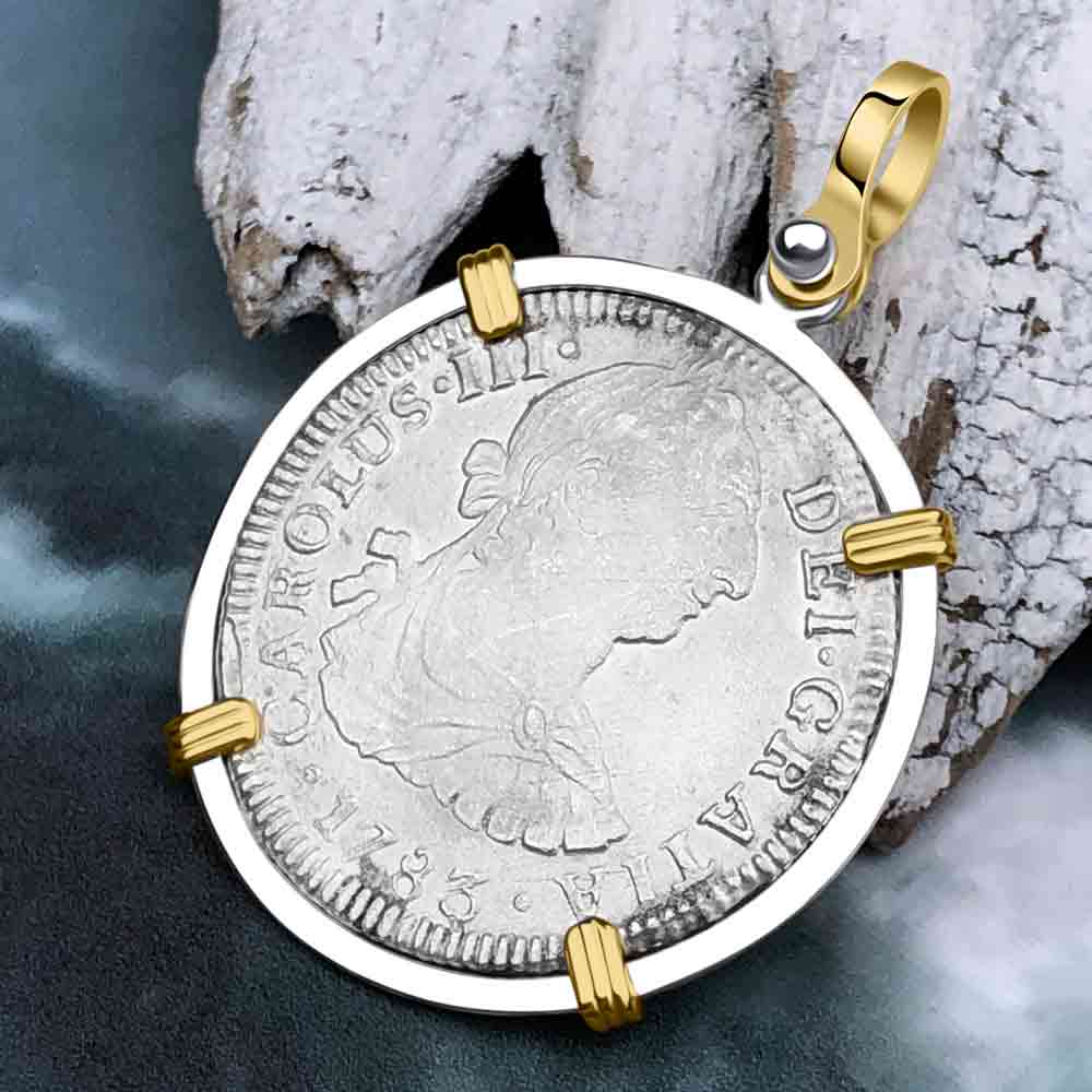 El Cazador Shipwreck 1783 2 Reale "Piece of 8" 14K Gold & Silver Treasure Coin Pendant