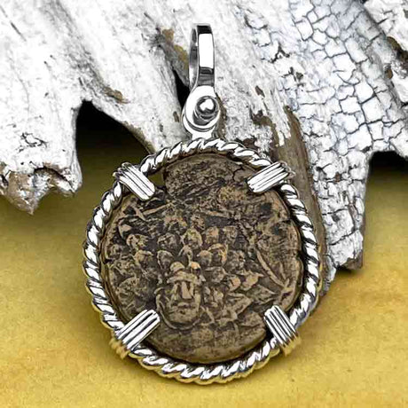 Ancient Greek Medusa & Nike Protection and Victory Bronze Coin 120 BC Sterling Silver Pendant