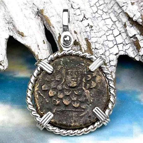 Ancient Greek Medusa & Nike Protection and Victory Bronze Coin 120 BC Sterling Silver Pendant