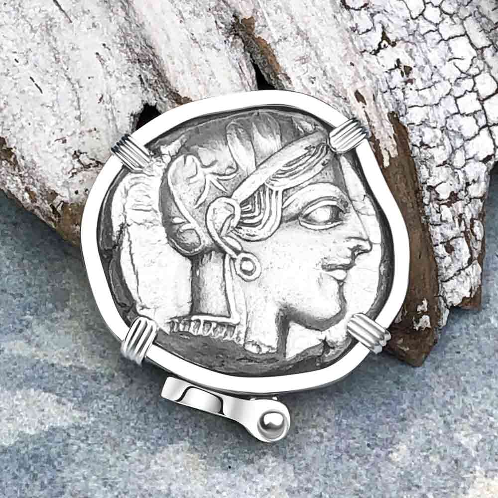 Ancient Greek Athena and the Owl Silver Tetradrachm circa 450 BC 14K White Gold Pendant 
