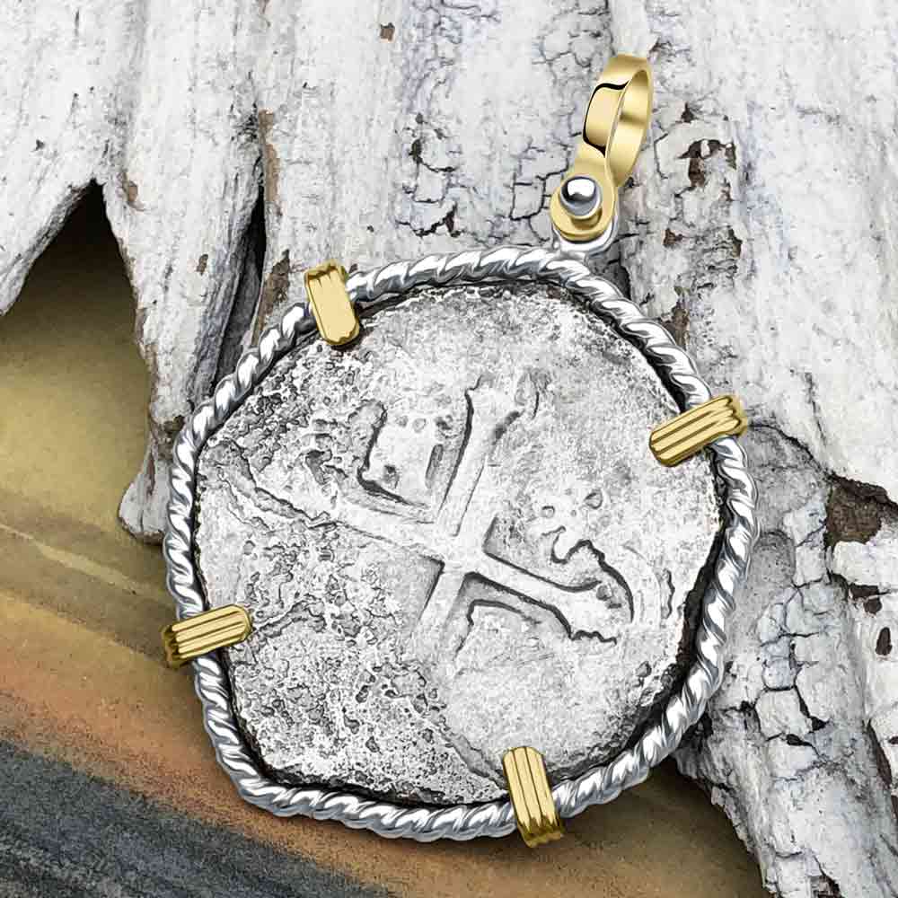 Concepcion Shipwreck 4 Reale Silver Piece of 8 14K Gold and Sterling Silver Pendant | Artifact #6548