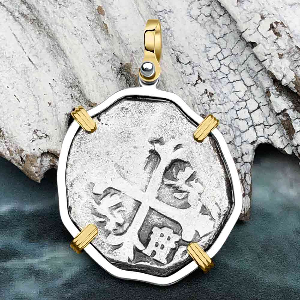 Concepcion Shipwreck 4 Reale Silver Piece of 8 14K Gold and Sterling Silver Pendant | Artifact #6550