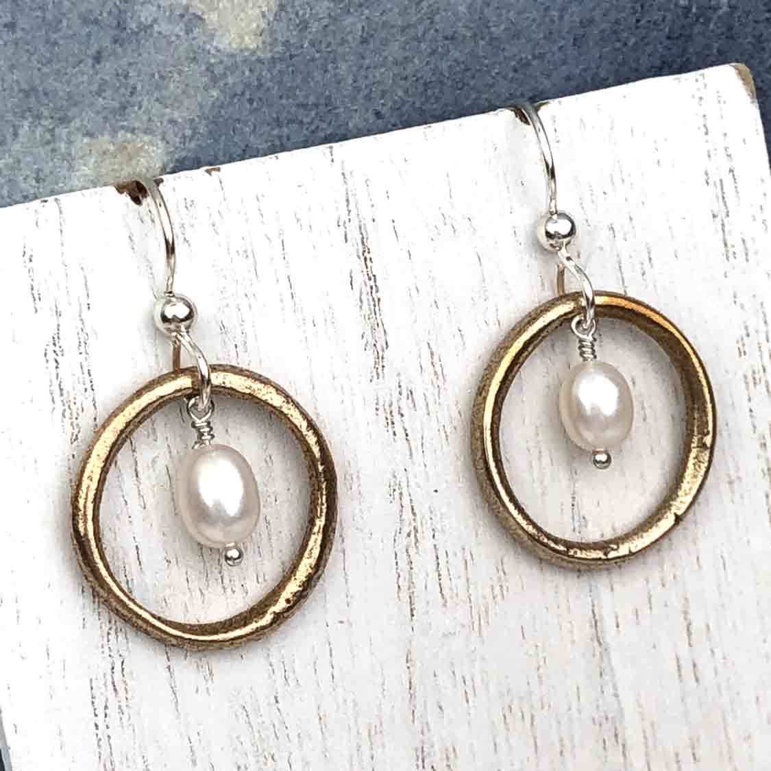 Bright Golden Bronze Celtic Ring Money Earrings with Genuine Pearls