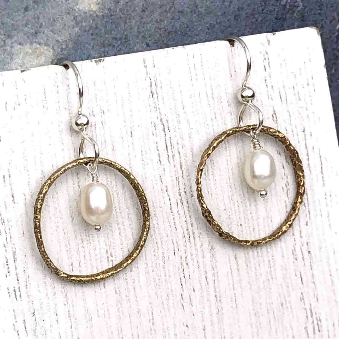 Glistening Golden Bronze Celtic Ring Money Earrings with Genuine Pearls