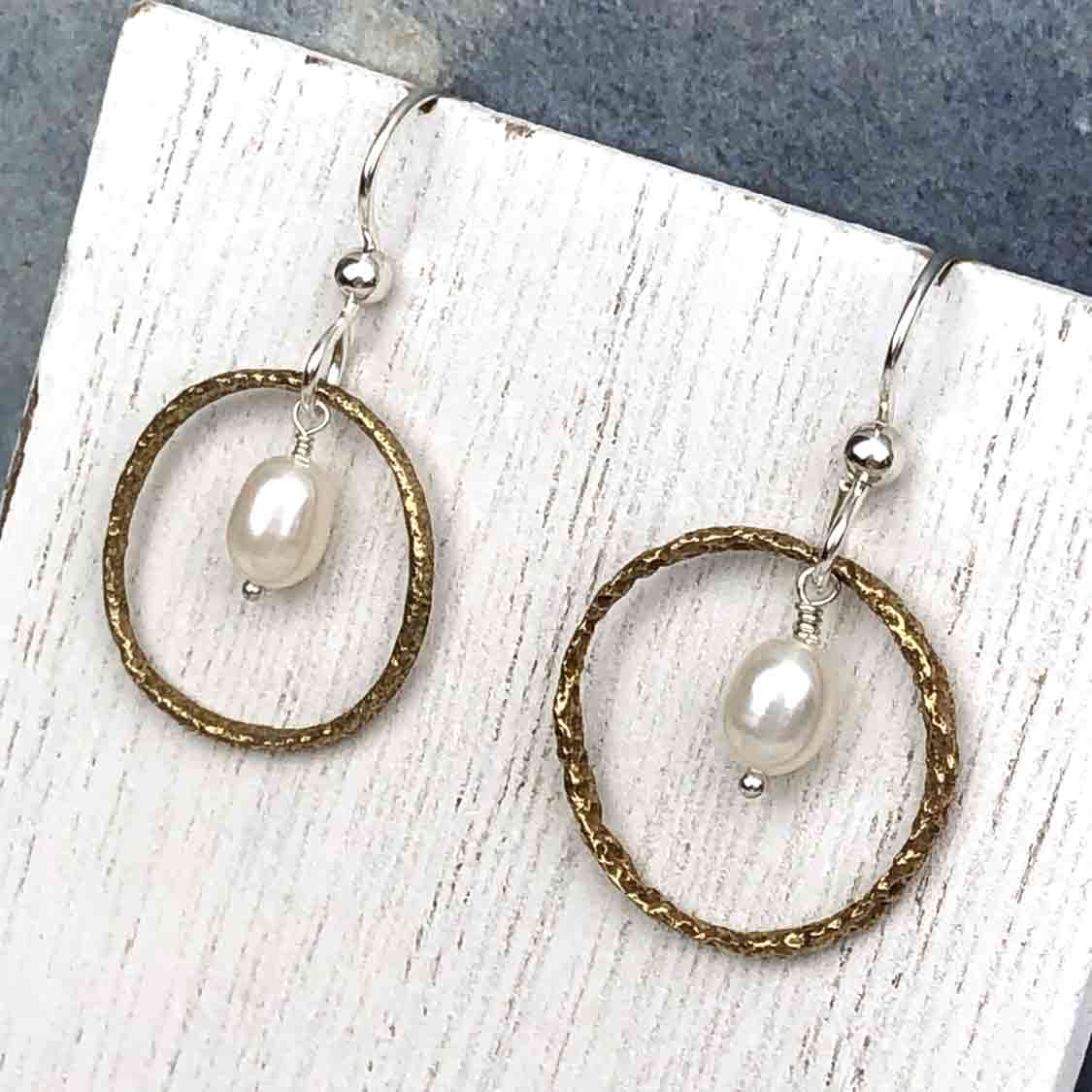 Glistening Golden Bronze Celtic Ring Money Earrings with Genuine Pearls