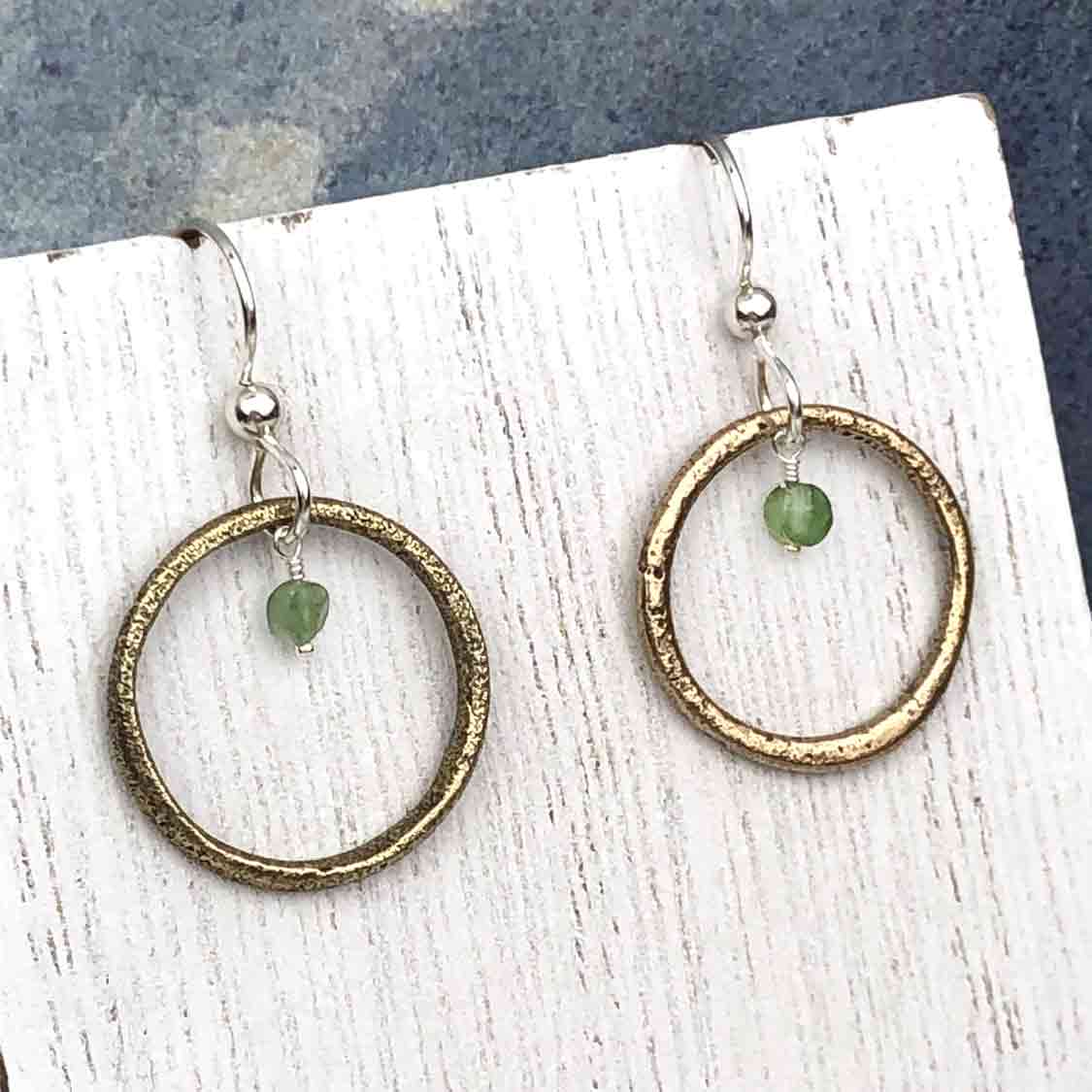 Bright Golden Bronze Celtic Ring Money Earrings with Genuine Green Garnet