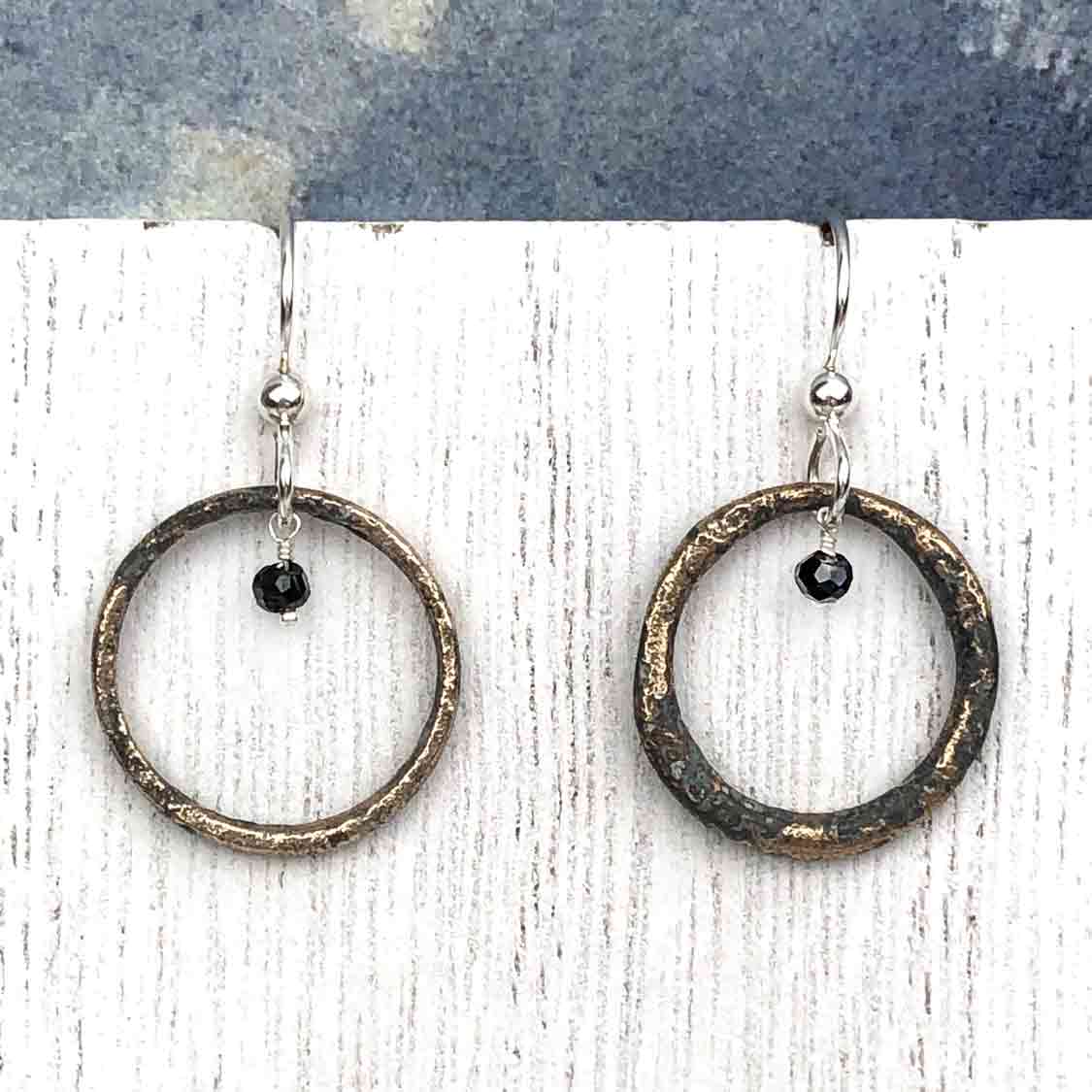 Dark Charcoal Flecked Bronze Celtic Ring Money Earrings with Genuine Blue Sapphire
