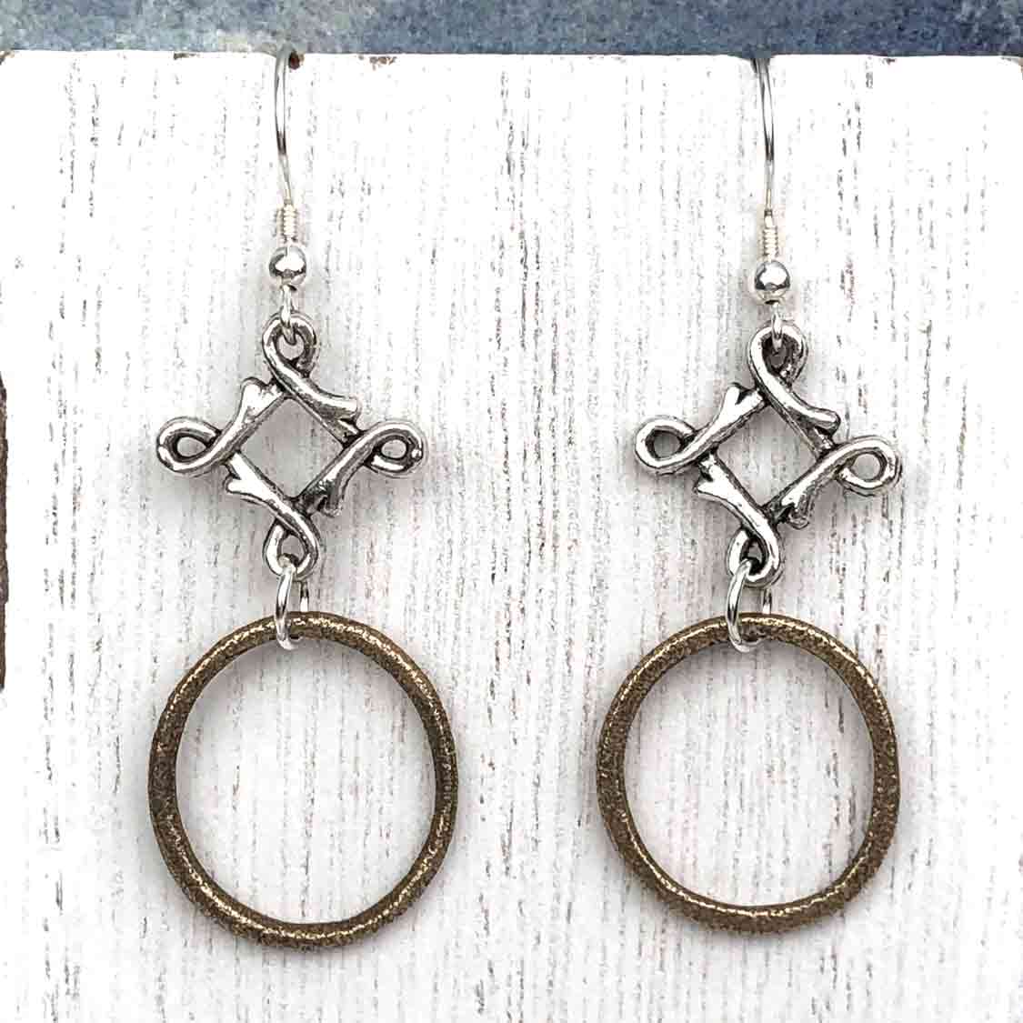 Dark Bronze Celtic Ring Money Earrings with Celtic Knot Charm