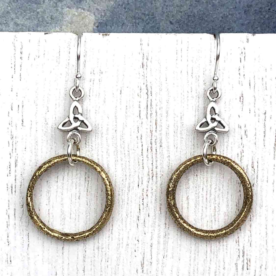 Warm Golden Bronze Celtic Ring Money Earrings with Trinity Knot Charm