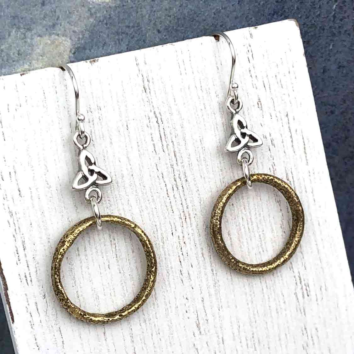 Warm Golden Bronze Celtic Ring Money Earrings with Trinity Knot Charm