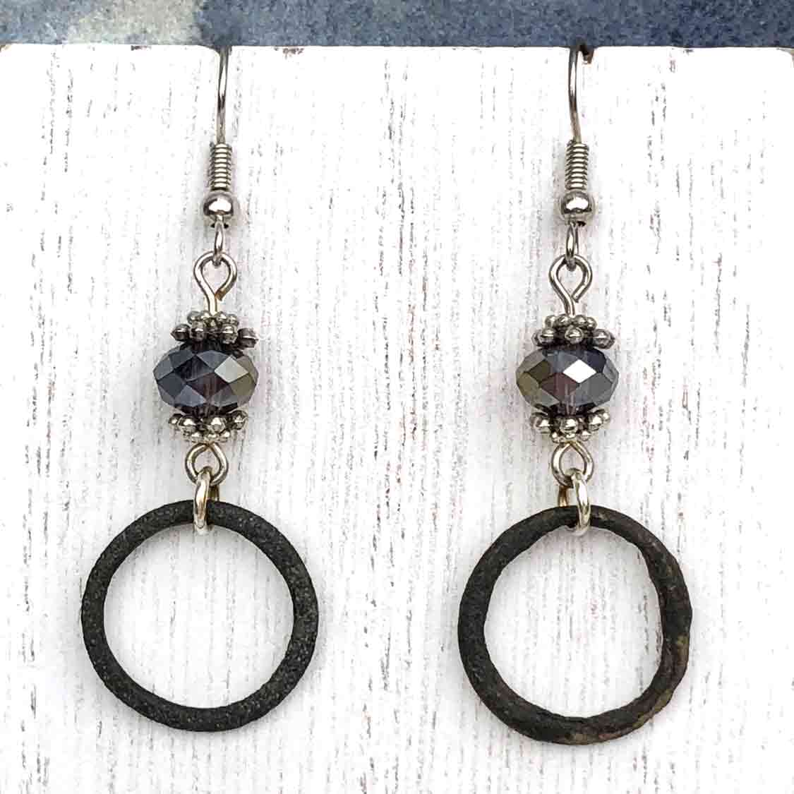 Darkest Bronze Celtic Ring Money Earrings with Midnight Crystal Charms