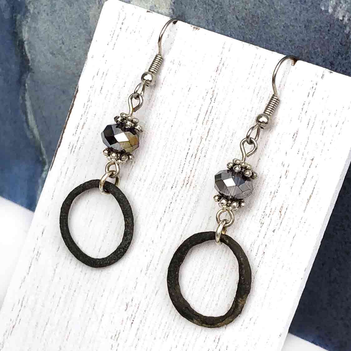 Darkest Bronze Celtic Ring Money Earrings with Midnight Crystal Charms