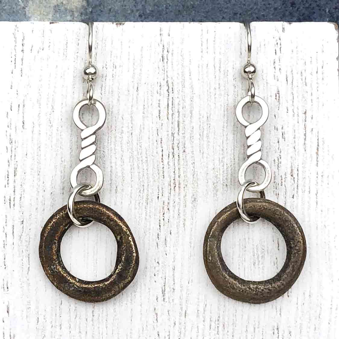Dark Thick Bronze Celtic Ring Money Earrings with Twist Charms