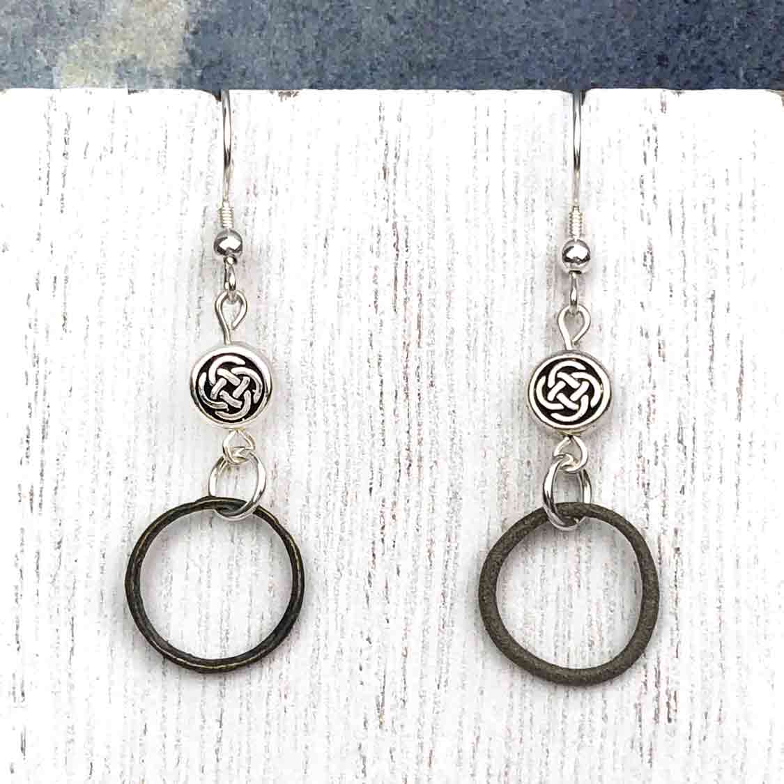 Tiny Deep Bronze Celtic Ring Money Earrings with Celtic Knot Charm