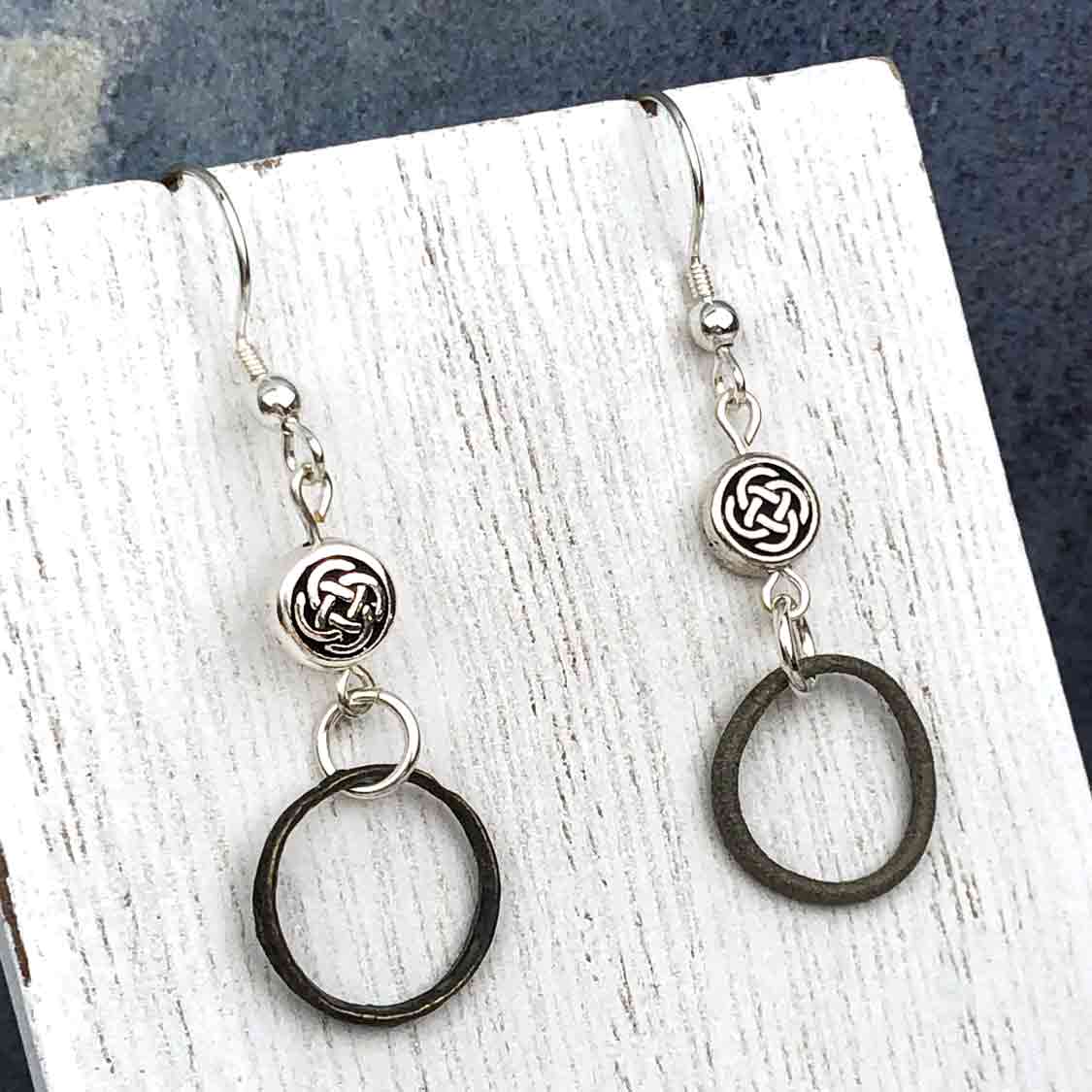 Tiny Deep Bronze Celtic Ring Money Earrings with Celtic Knot Charm