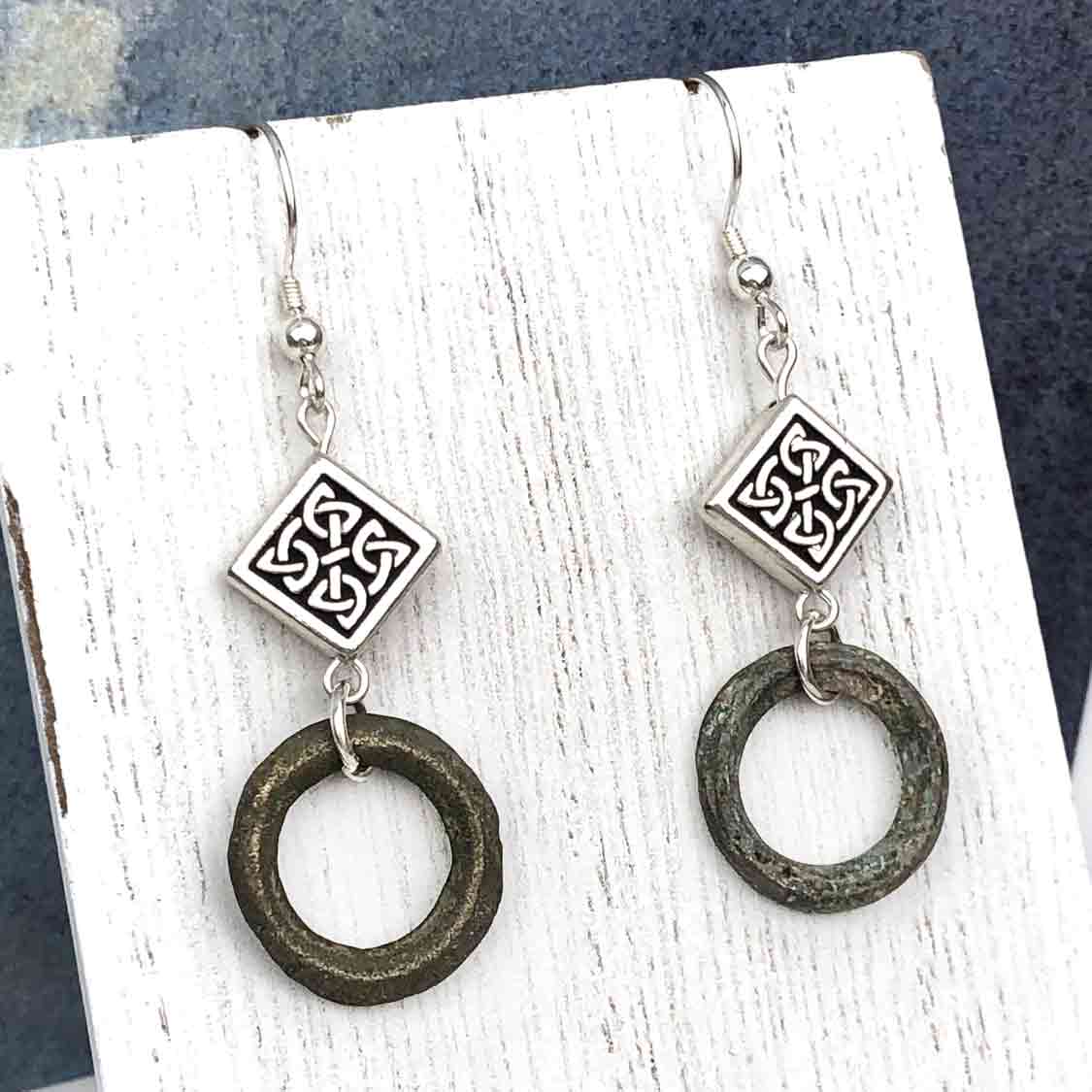 Thick Smooth Bronze Celtic Ring Money Earrings with Celtic Knot Charms