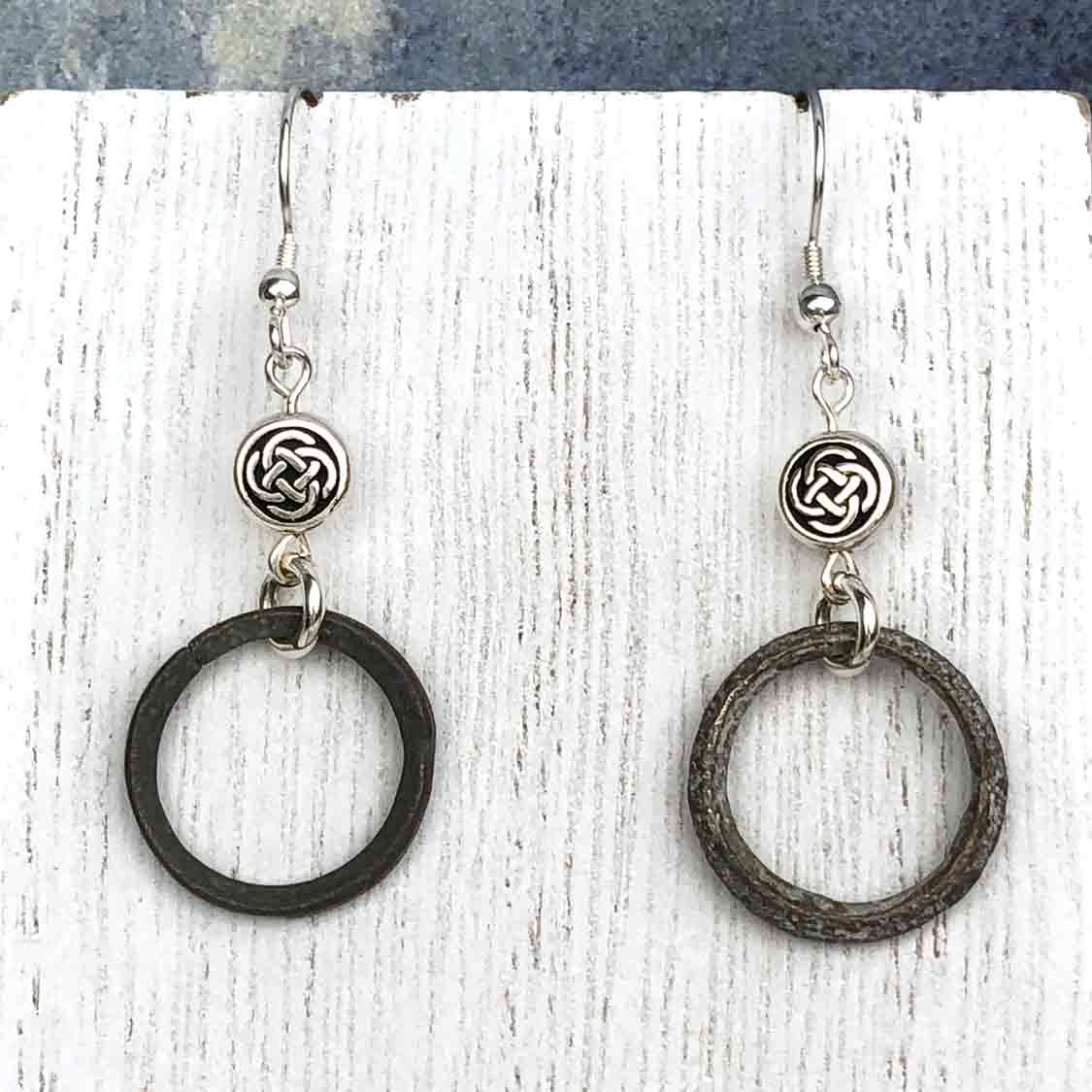 Light to Dark Green Bronze Celtic Ring Money Earrings with Celtic Knot Charms