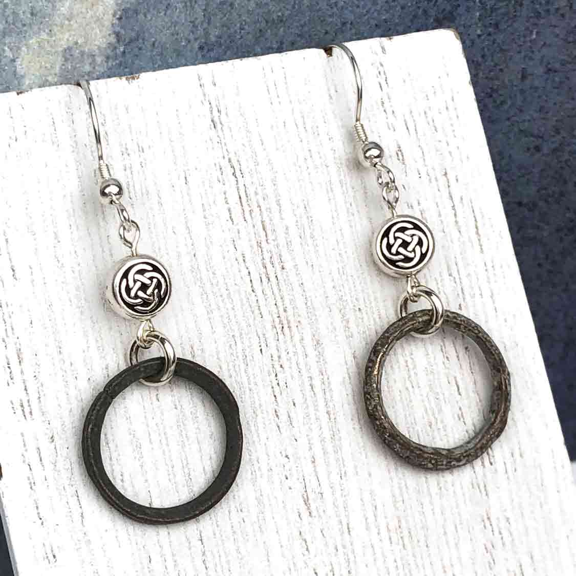 Light to Dark Green Bronze Celtic Ring Money Earrings with Celtic Knot Charms