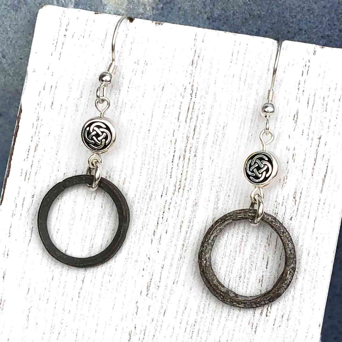 Light to Dark Green Bronze Celtic Ring Money Earrings with Celtic Knot Charms