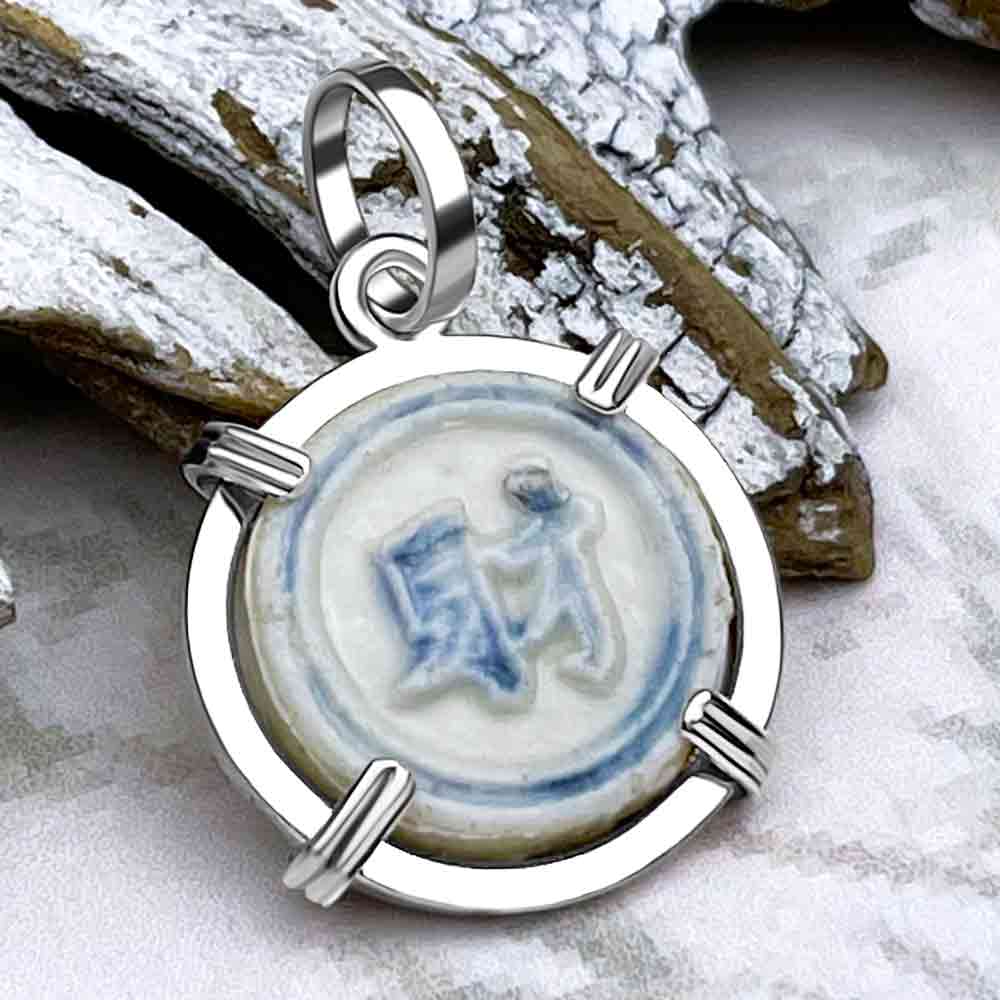 Siam Porcelain Gaming Token - from the Era of &quot;The King &amp; I&quot; - Sterling Silver Pendant
