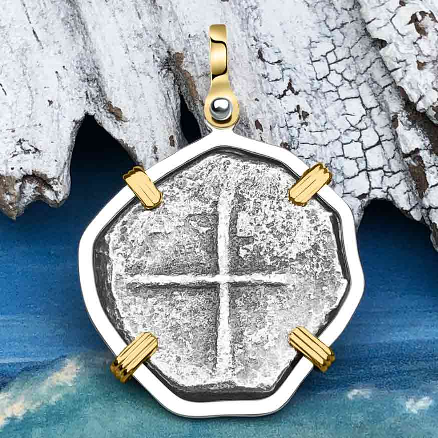 Sao Jose Rare 4 Reale circa 1598-1621 Shipwreck Coin 14K Gold and Sterling Silver Pendant