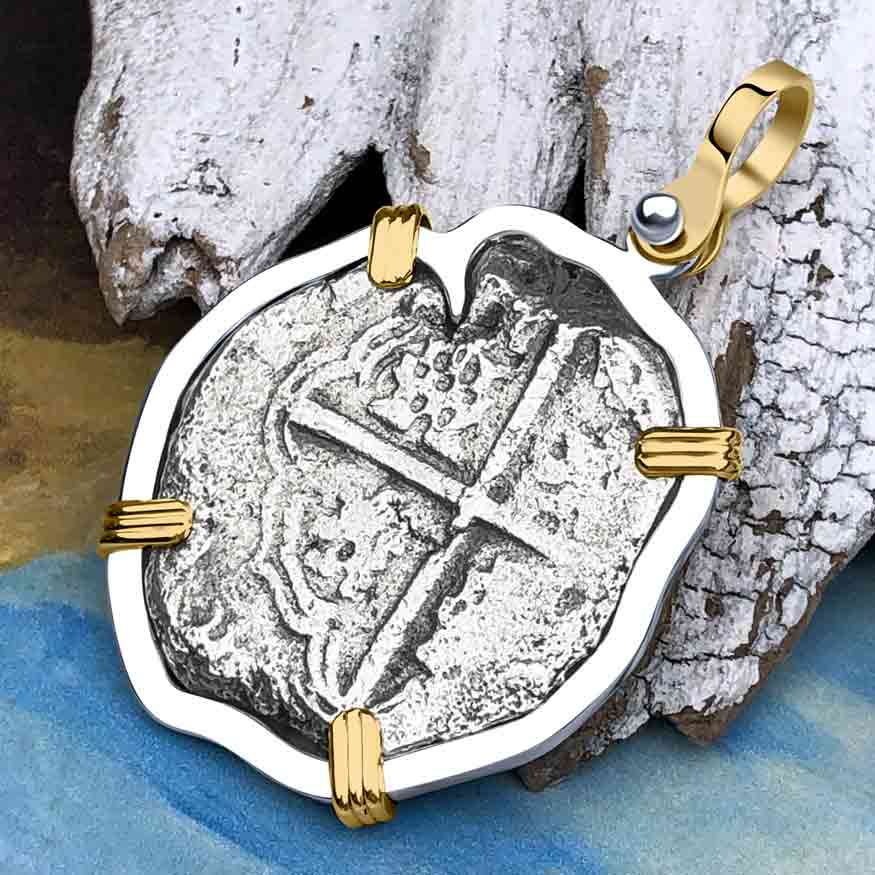 Sao Jose Rare 4 Reale circa 1598-1621 Shipwreck Coin 14K Gold and Sterling Silver Pendant
