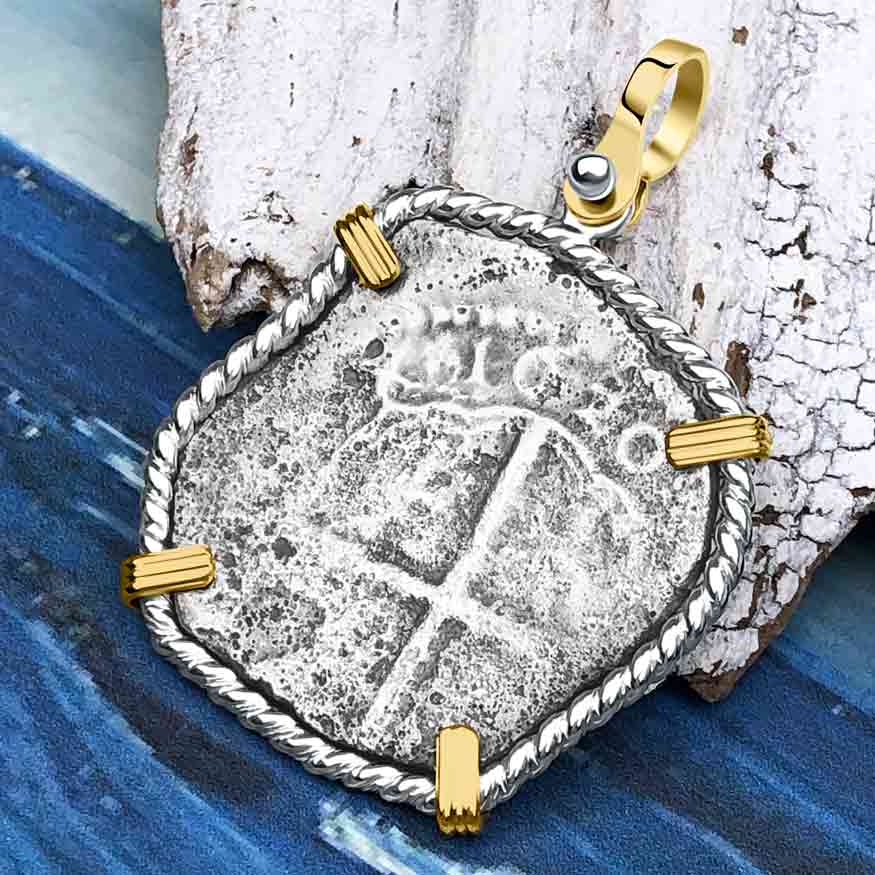 Rare Dated 1620 Sao Jose 4 Reale Shipwreck Coin 14K Gold and Sterling Silver Pendant