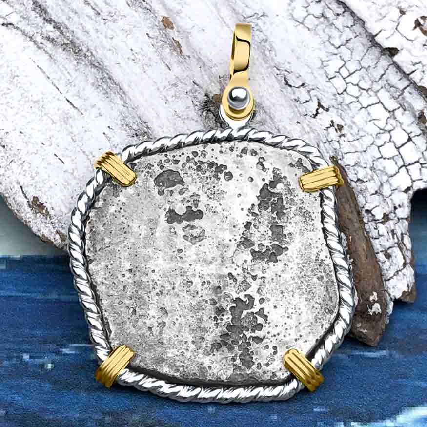 Rare Dated 1620 Sao Jose 4 Reale Shipwreck Coin 14K Gold and Sterling Silver Pendant